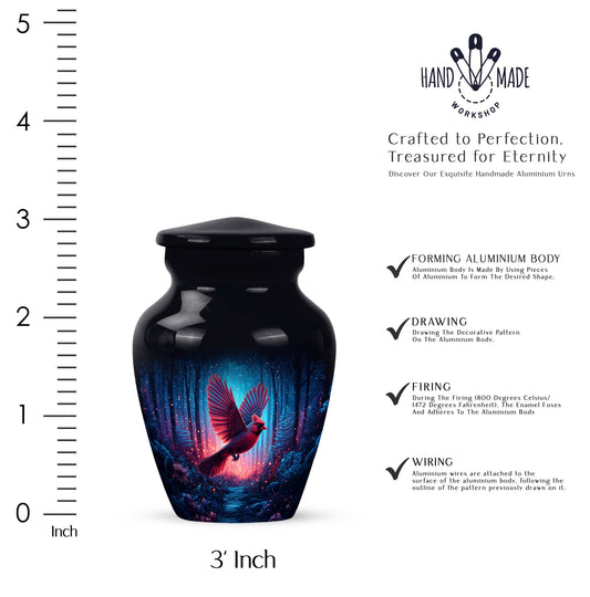 Jet Black Cardinal Cremation Urn close-up of engraving and surface detail - timeless cardinal motif etched into premium metal - mini keepsake memorial for portion of cremation ashes