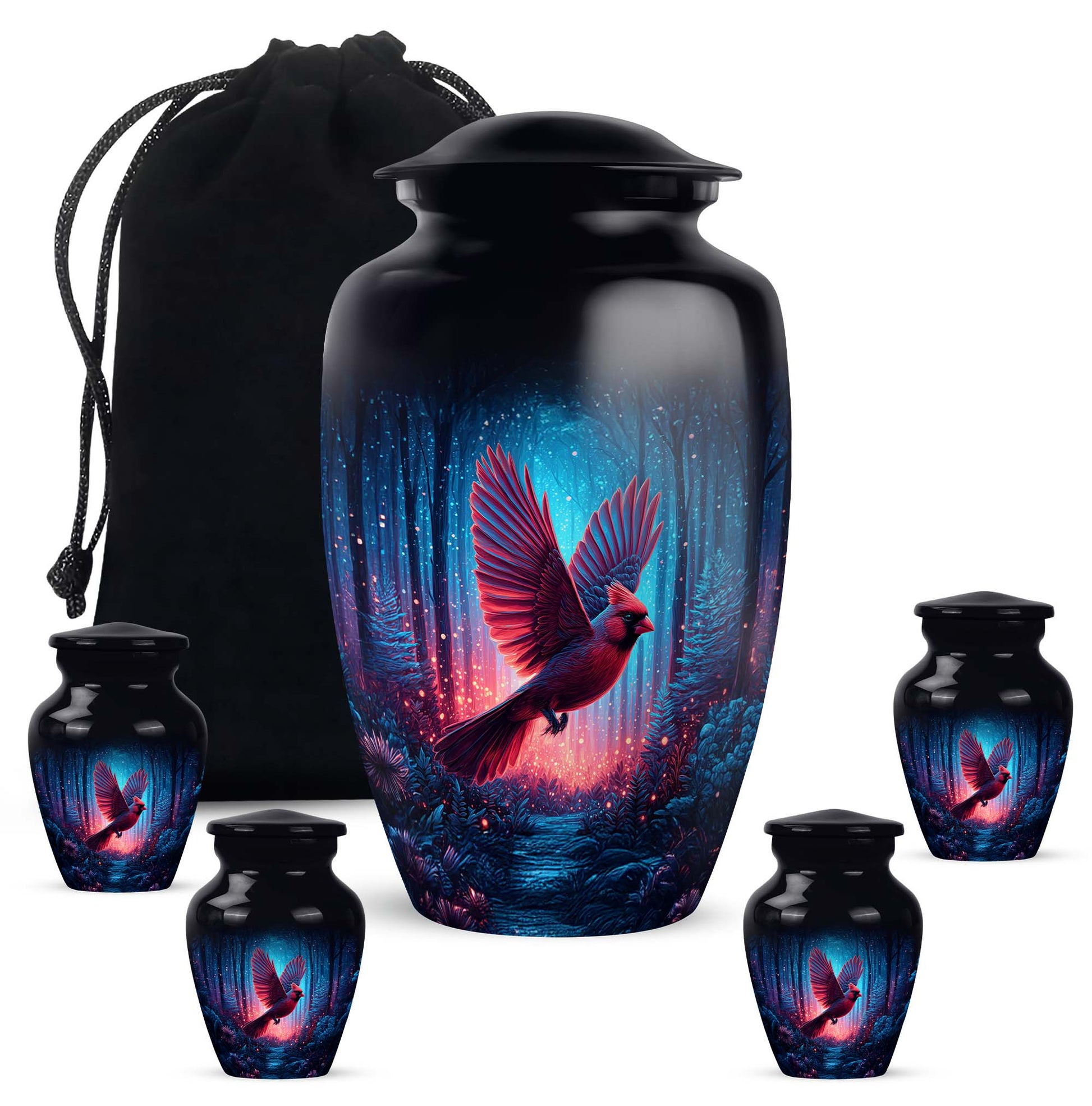 Obsidian Black Cardinal Cremation Urn top-down view of secure threaded lid - traditional cardinal engraving with hand-polished finish - memorial set with one large and four small urns
