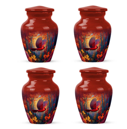 Wine Red Cardinal Cremation Urn side profile showing urn shape - timeless cardinal motif etched into premium metal - 10 inch aluminum urn for cremated remains