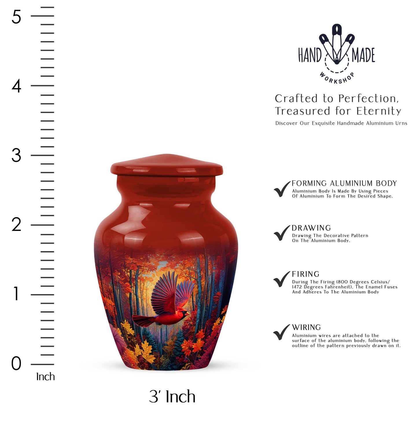 Ruby Red Cardinal Cremation Urn close-up of engraving and surface detail - elegant classic cardinal relief with fine detailing - mini keepsake memorial for portion of cremation ashes