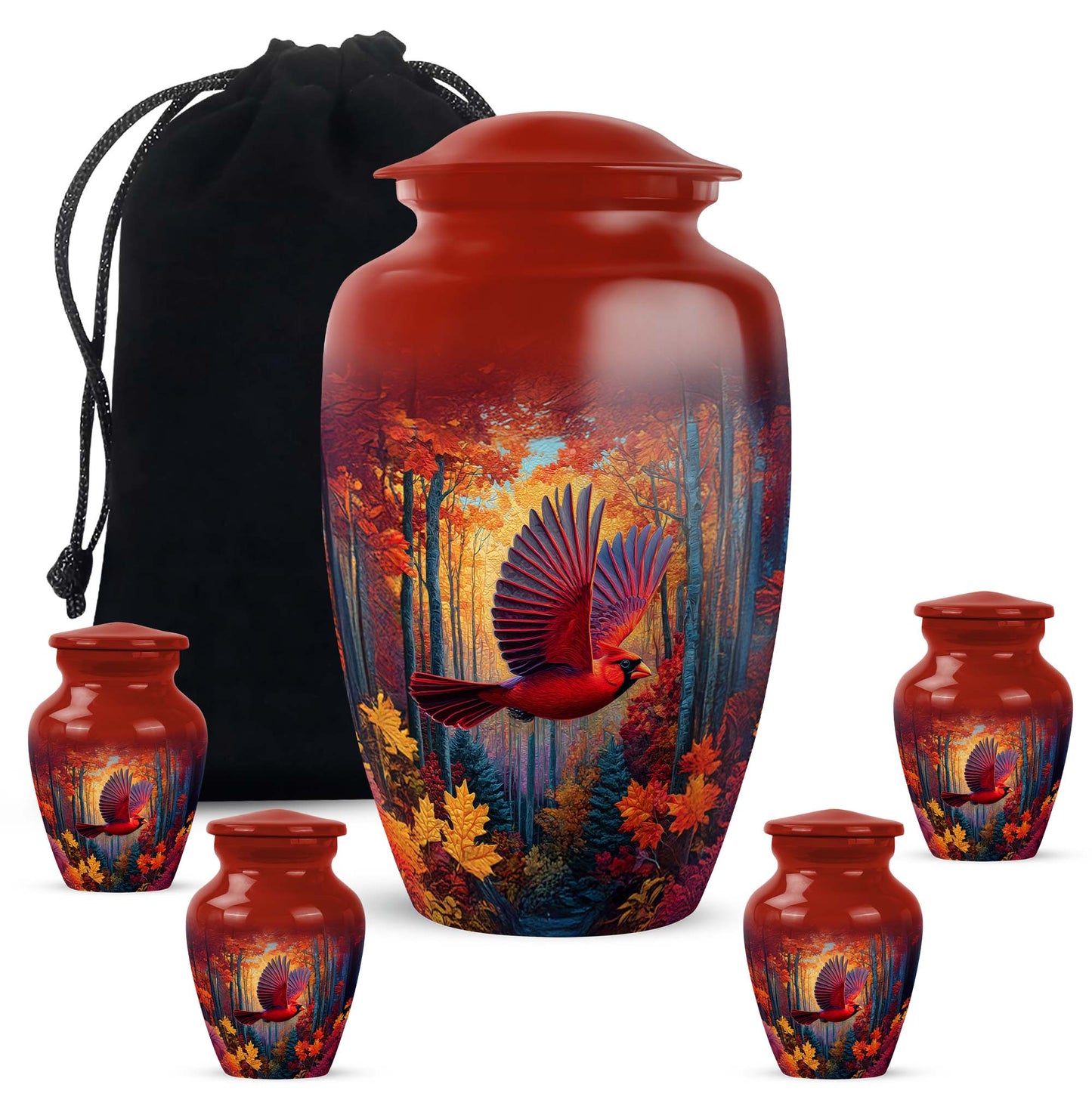 Garnet Red Cardinal Cremation Urn top-down view of secure threaded lid - classic sculpted cardinal pattern on smooth aluminum - memorial set with one large and four small urns