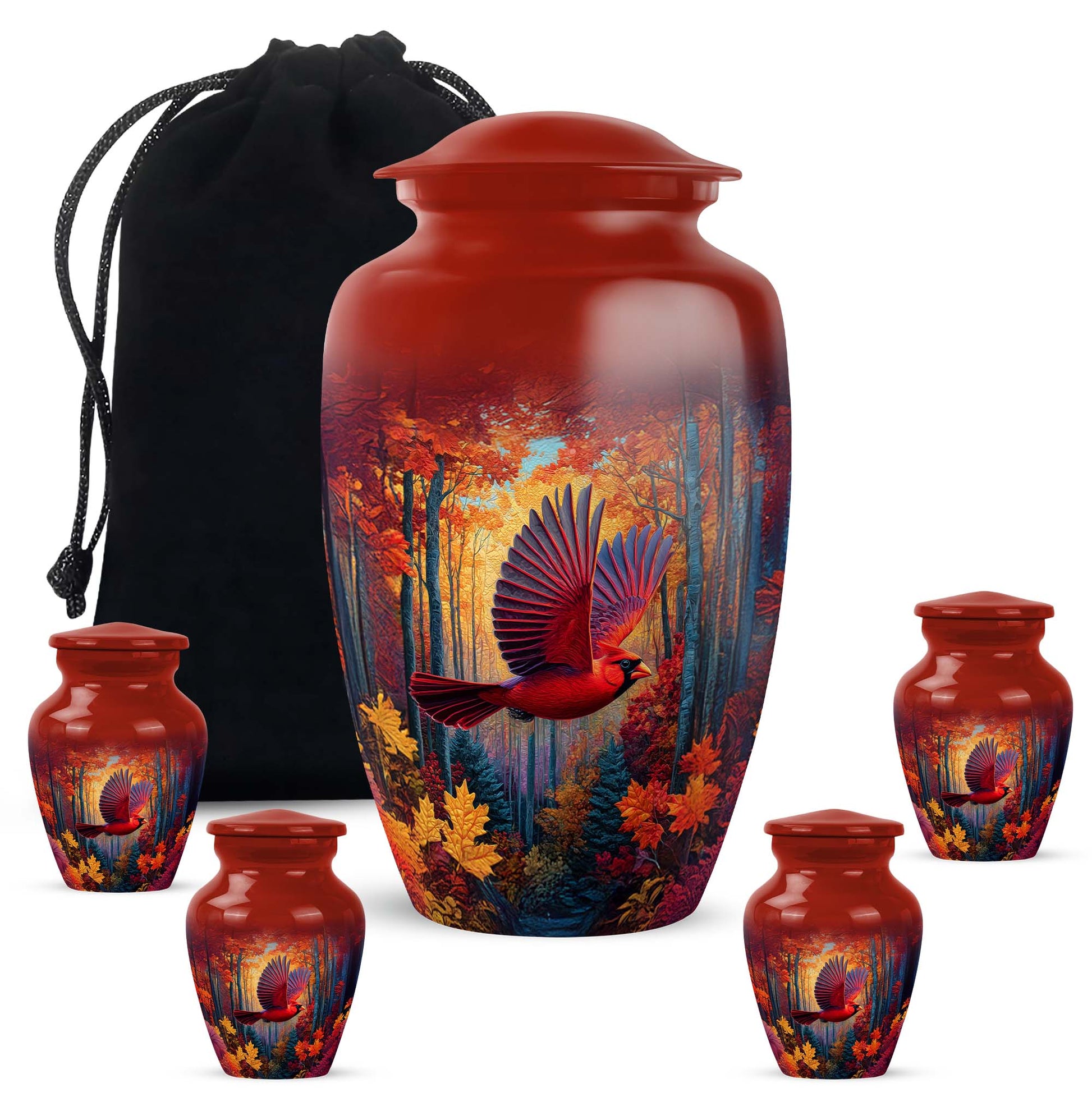 Garnet Red Cardinal Cremation Urn top-down view of secure threaded lid - classic sculpted cardinal pattern on smooth aluminum - memorial set with one large and four small urns