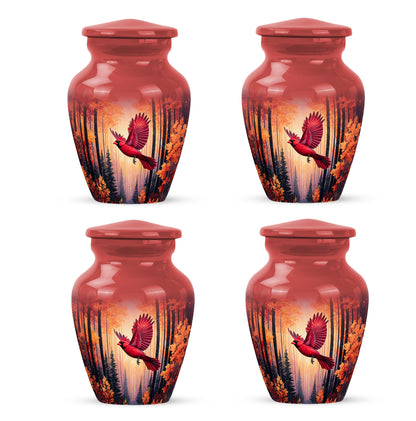 Rich Red Cardinal Cremation Urn side profile showing urn shape - elegant classic cardinal relief with fine detailing - 10 inch aluminum urn for cremated remains