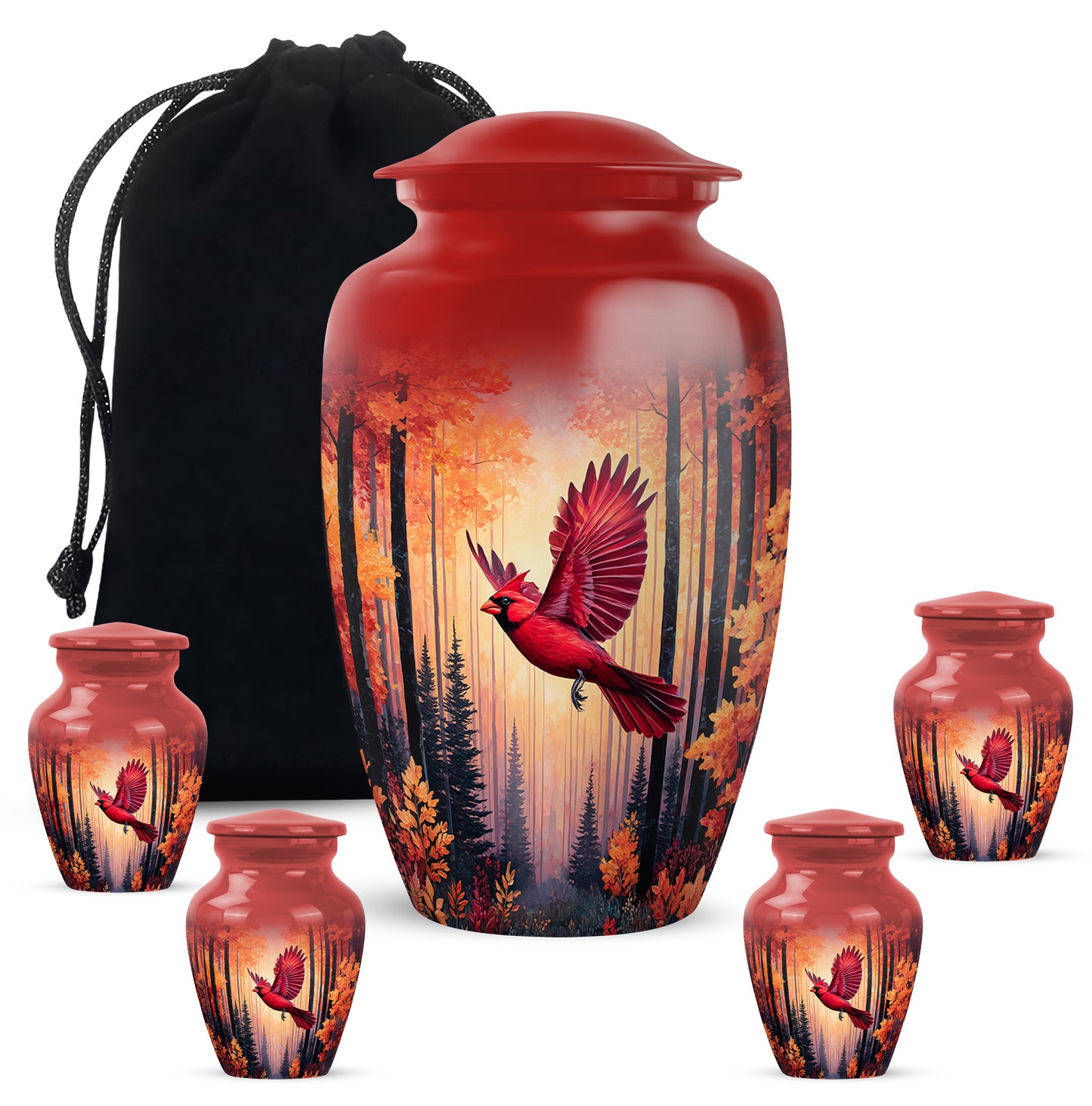 Ruby Red Cardinal Cremation Urn top-down view of secure threaded lid - traditional cardinal engraving with hand-polished finish - memorial set with one large and four small urns
