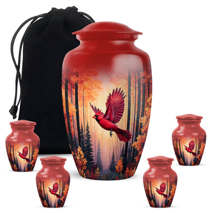 Ruby Red Cardinal Cremation Urn top-down view of secure threaded lid - traditional cardinal engraving with hand-polished finish - memorial set with one large and four small urns