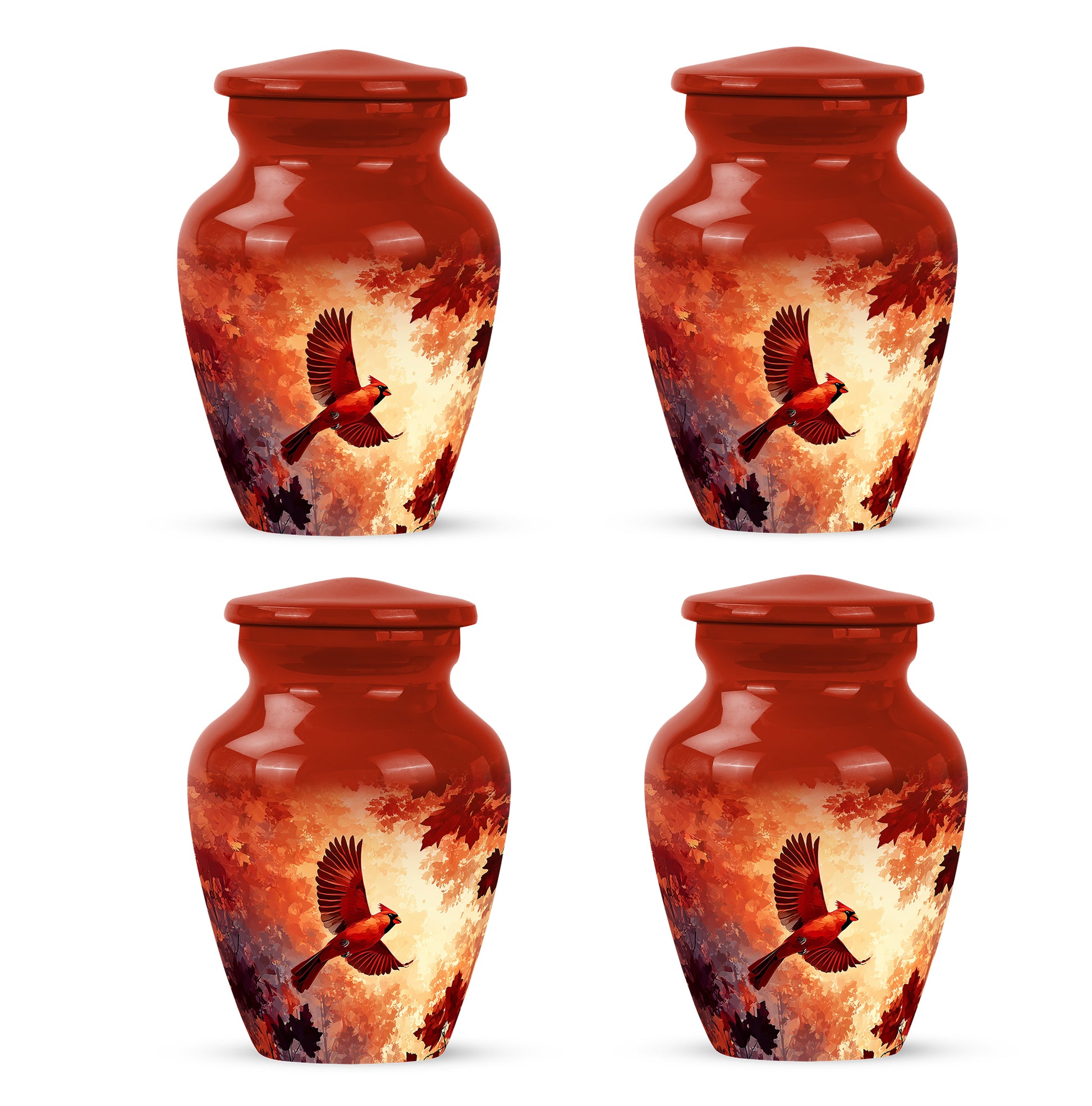 Crimson Red Cardinal Cremation Urn side profile showing urn shape - classic sculpted cardinal pattern on smooth aluminum - 10 inch aluminum urn for cremated remains