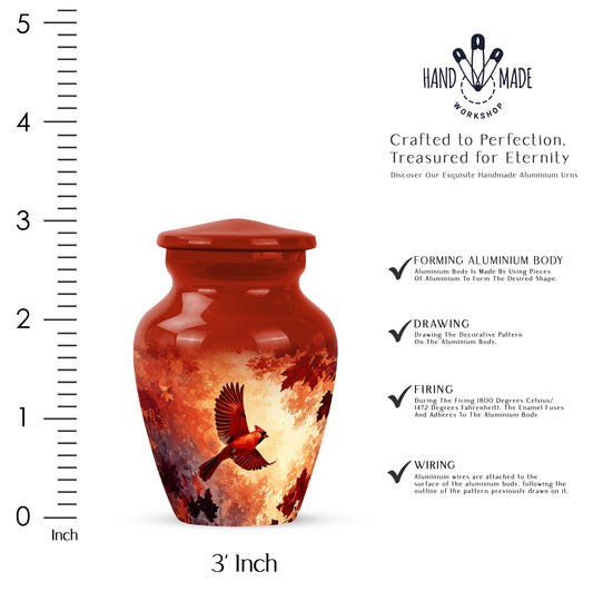 Ruby Red Cardinal Cremation Urn close-up of engraving and surface detail - traditional cardinal engraving with hand-polished finish - mini keepsake memorial for portion of cremation ashes