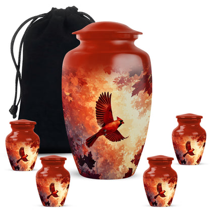Rich Red Cardinal Cremation Urn top-down view of secure threaded lid - elegant classic cardinal relief with fine detailing - memorial set with one large and four small urns