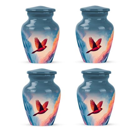 Slate Blue Cardinal Cremation Urn side profile showing urn shape - timeless cardinal motif etched into premium metal - 10 inch aluminum urn for cremated remains