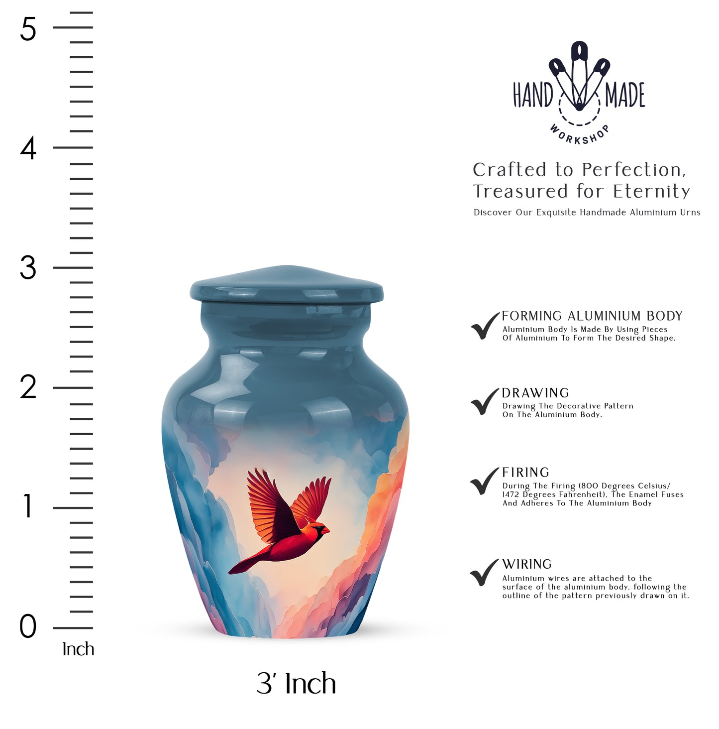 Serene Blue Cardinal Cremation Urn close-up of engraving and surface detail - elegant classic cardinal relief with fine detailing - mini keepsake memorial for portion of cremation ashes