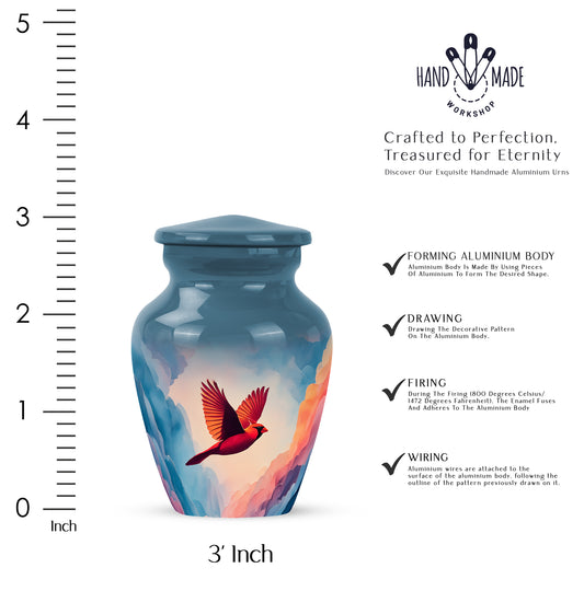 Serene Blue Cardinal Cremation Urn close-up of engraving and surface detail - elegant classic cardinal relief with fine detailing - mini keepsake memorial for portion of cremation ashes