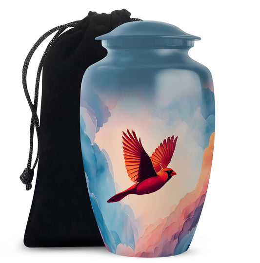 Pastel Blue Cardinal Cremation Urn angled view of lid and engraved motif - classic sculpted cardinal pattern on smooth aluminum - full-size 10 inch 200 cubic inch adult cremation urn