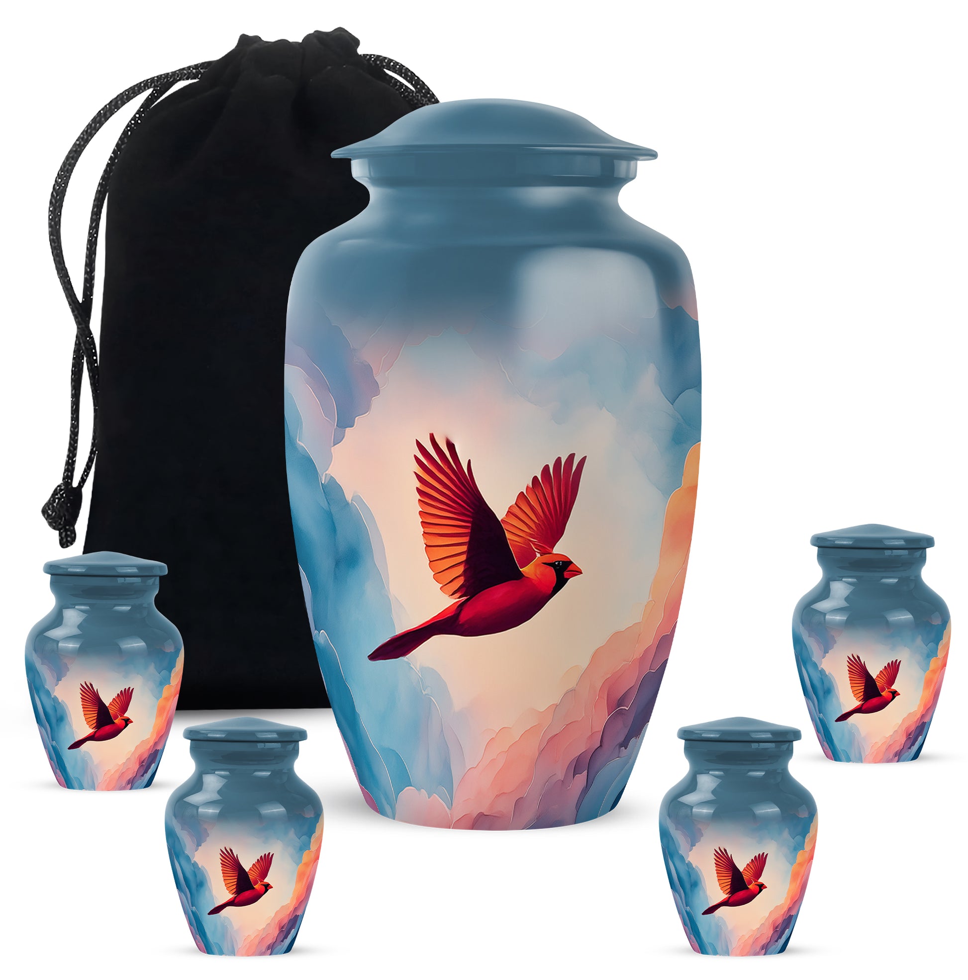 Royal Blue Cardinal Cremation Urn top-down view of secure threaded lid - traditional cardinal engraving with hand-polished finish - memorial set with one large and four small urns