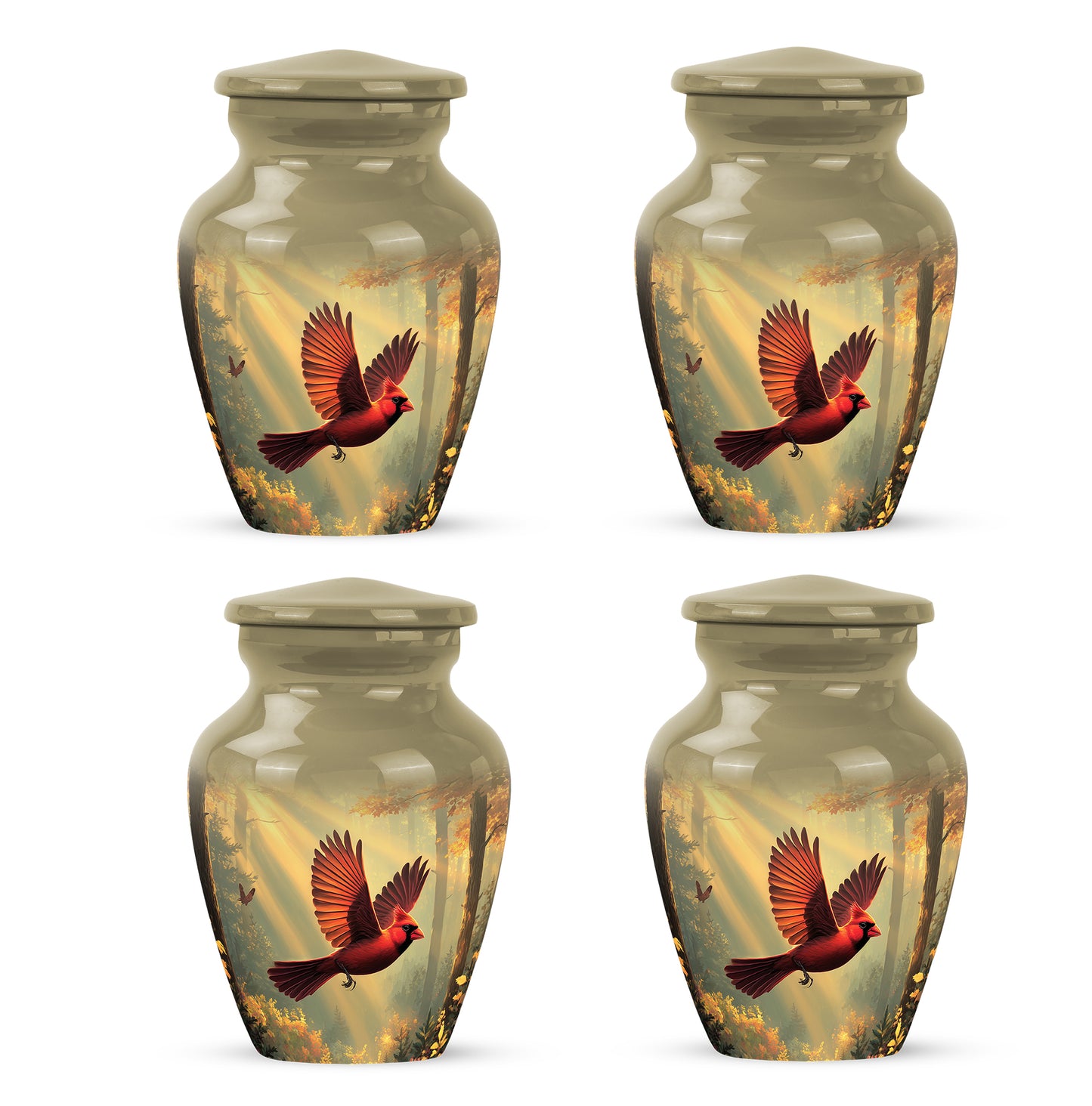 Amber Gold Cardinal Cremation Urn side profile showing urn shape - classic sculpted cardinal pattern on smooth aluminum - 10 inch aluminum urn for cremated remains