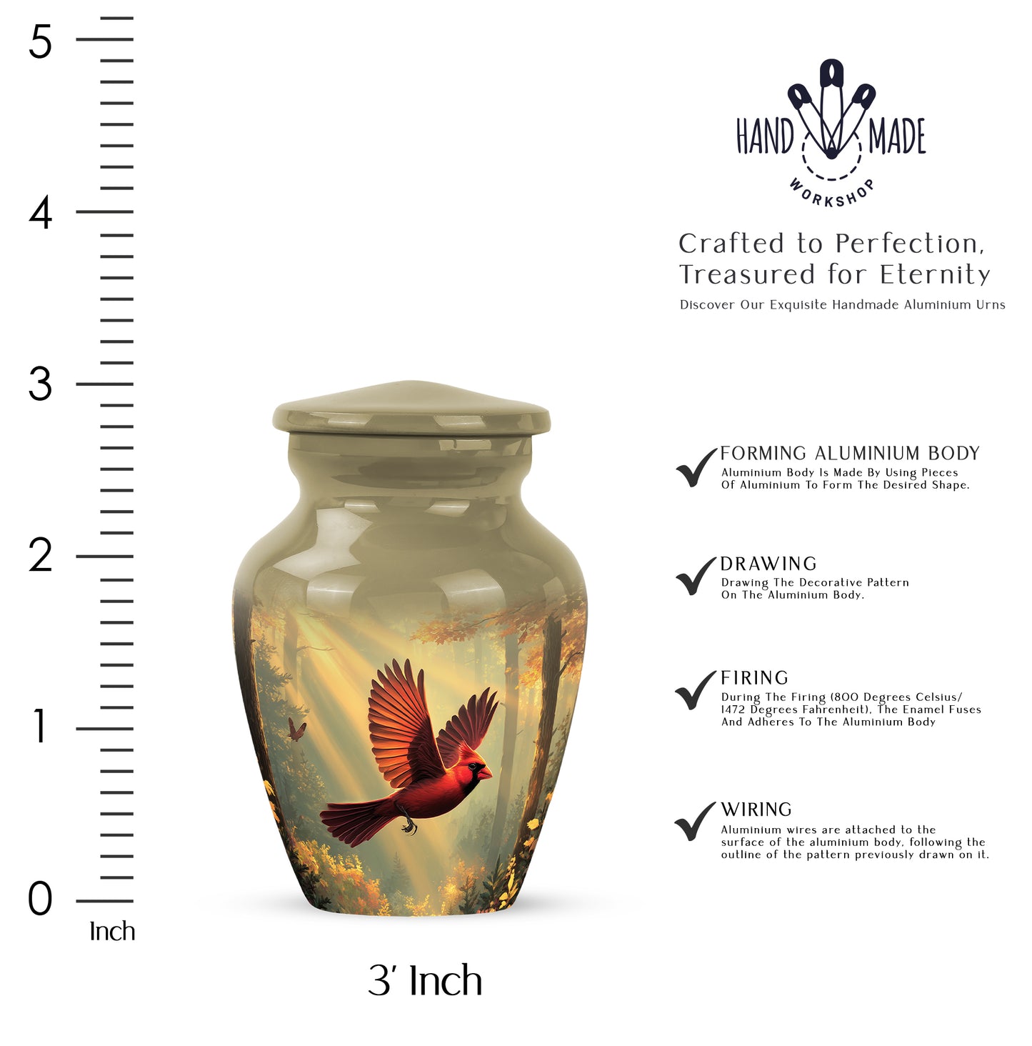 Amber Gold Cardinal Cremation Urn close-up of engraving and surface detail - timeless cardinal motif etched into premium metal - mini keepsake memorial for portion of cremation ashes