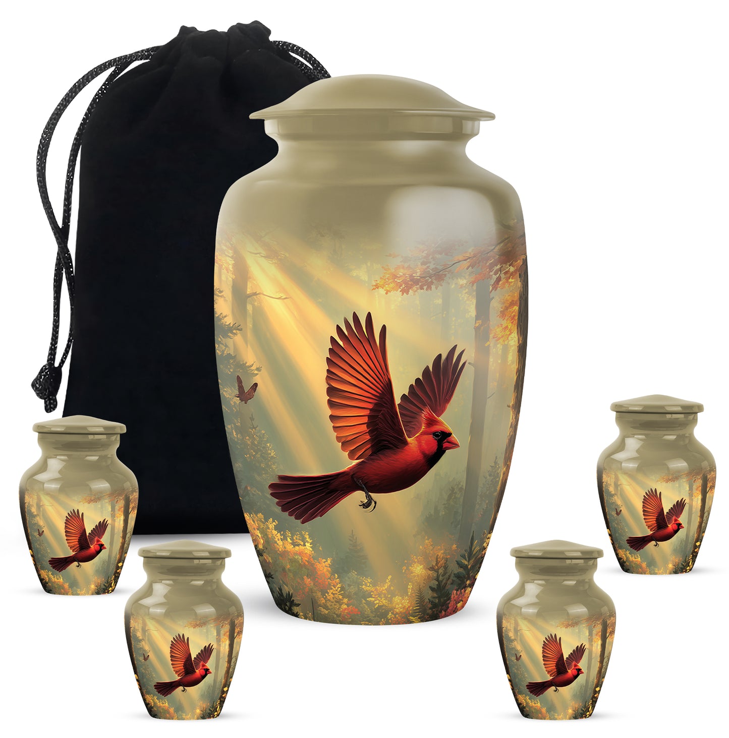 Burnished Gold Cardinal Cremation Urn top-down view of secure threaded lid - traditional cardinal engraving with hand-polished finish - memorial set with one large and four small urns