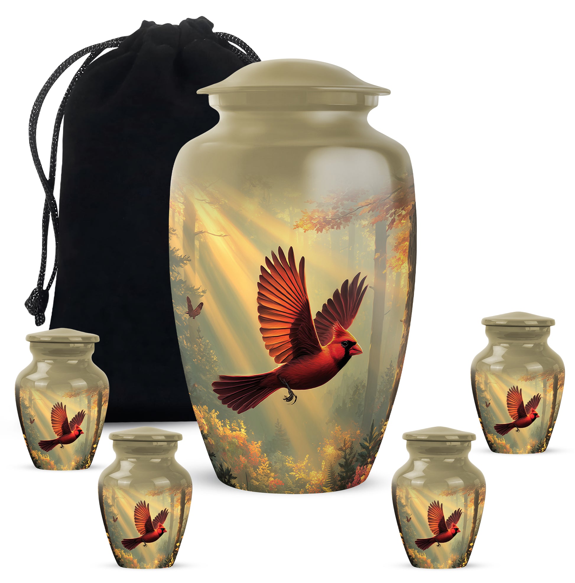 Burnished Gold Cardinal Cremation Urn top-down view of secure threaded lid - traditional cardinal engraving with hand-polished finish - memorial set with one large and four small urns