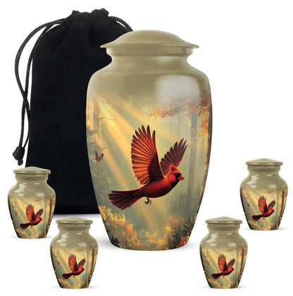 Burnished Gold Cardinal Cremation Urn top-down view of secure threaded lid - traditional cardinal engraving with hand-polished finish - memorial set with one large and four small urns