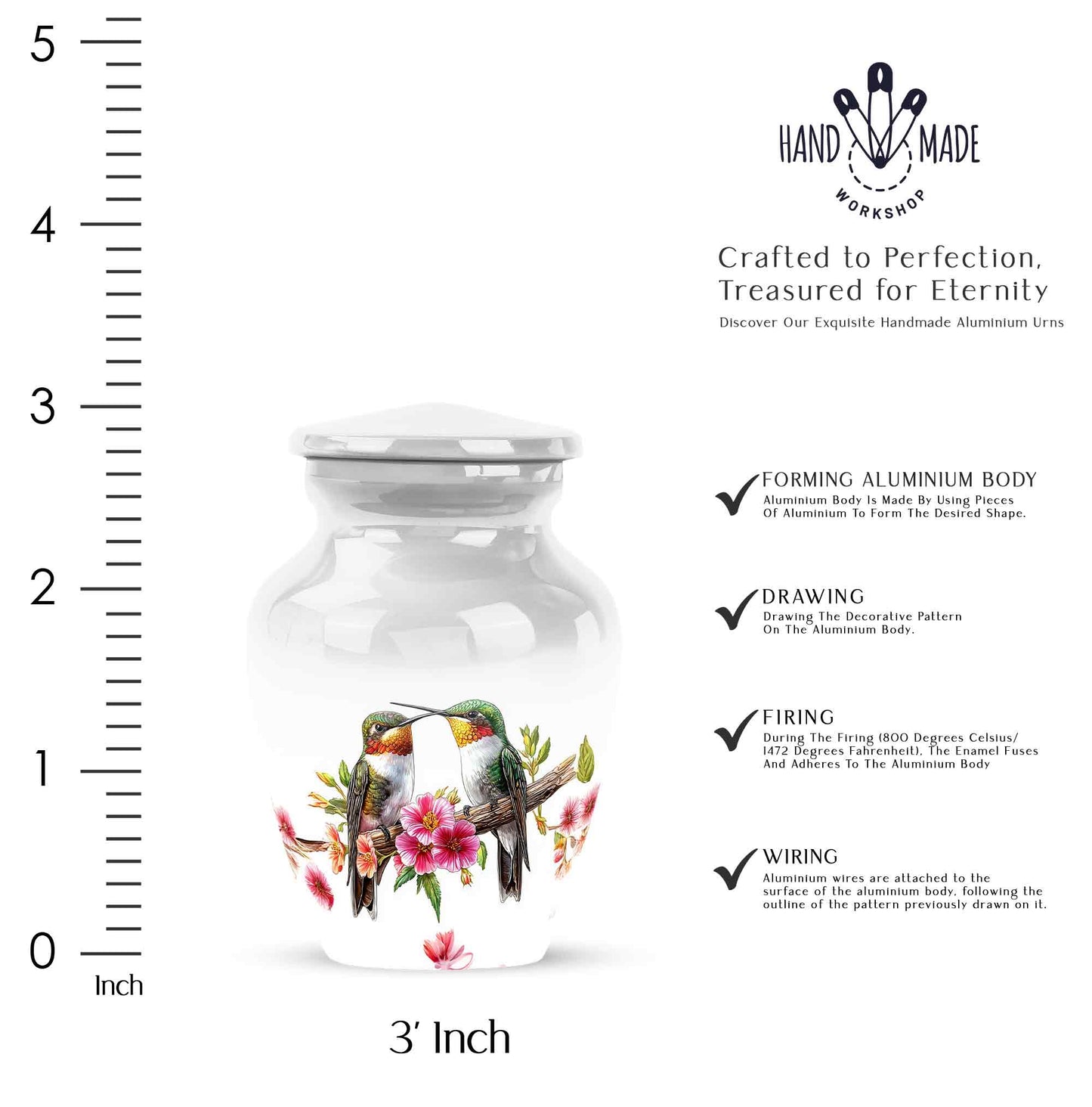 Frosted Silver Hummingbird Cremation Urn close-up of engraving and surface detail - traditional hummingbird engraving with hand-polished finish - mini keepsake memorial for portion of cremation ashes