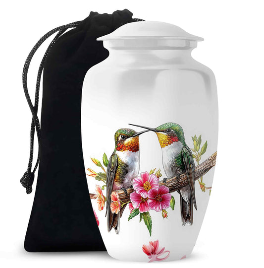 Chrome Silver Hummingbird Cremation Urn angled view of lid and engraved motif - traditional hummingbird engraving with hand-polished finish - full-size 10 inch 200 cubic inch adult cremation urn
