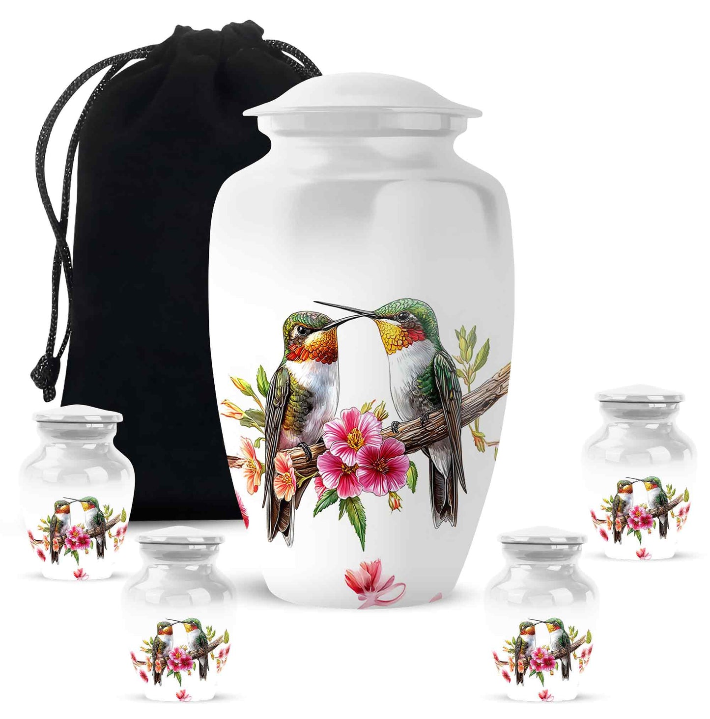 Brushed Silver Hummingbird Cremation Urn top-down view of secure threaded lid - classic sculpted hummingbird pattern on smooth aluminum - memorial set with one large and four small urns