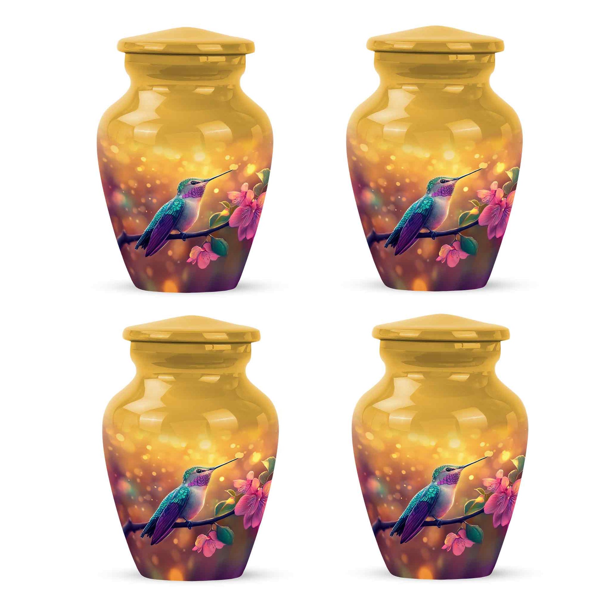 Sunrise Gold Hummingbird Cremation Urn side profile showing urn shape - timeless hummingbird motif etched into premium metal - 10 inch aluminum urn for cremated remains
