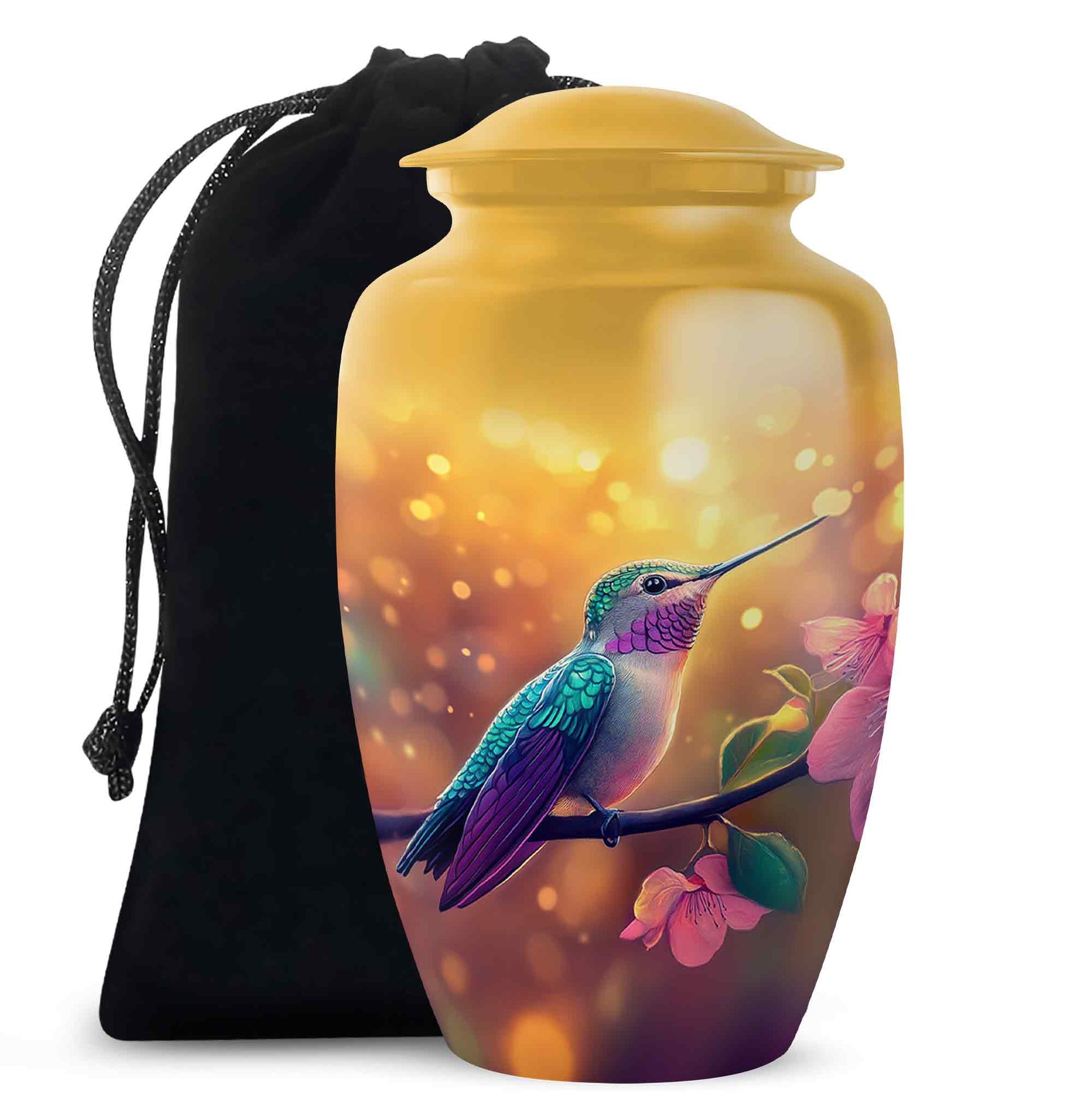 Burnished Gold Hummingbird Cremation Urn angled view of lid and engraved motif - traditional hummingbird engraving with hand-polished finish - full-size 10 inch 200 cubic inch adult cremation urn