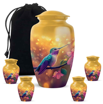 Matte Gold Hummingbird Cremation Urn top-down view of secure threaded lid - elegant classic hummingbird relief with fine detailing - memorial set with one large and four small urns