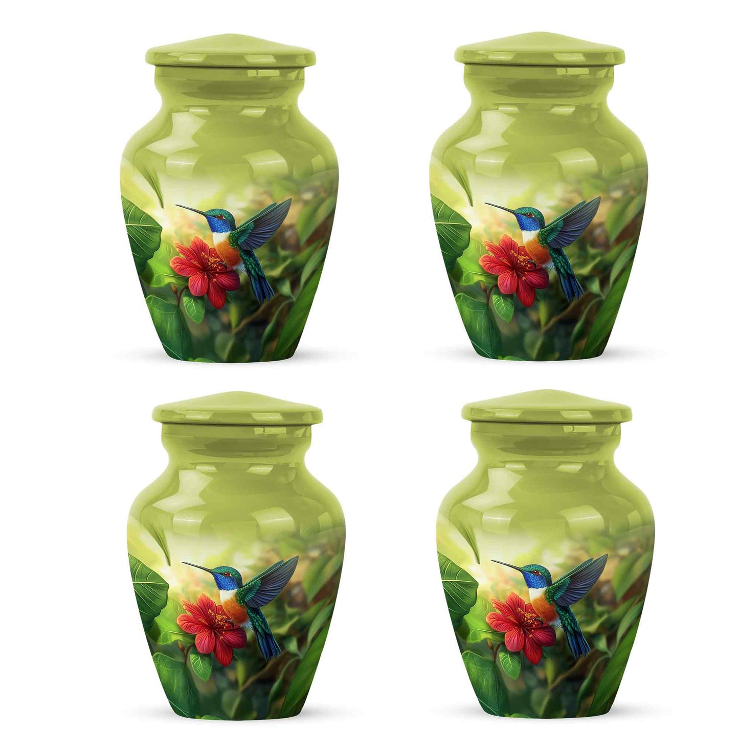 Buttercup Yellow Hummingbird Cremation Urn side profile showing urn shape - classic sculpted hummingbird pattern on smooth aluminum - 10 inch aluminum urn for cremated remains