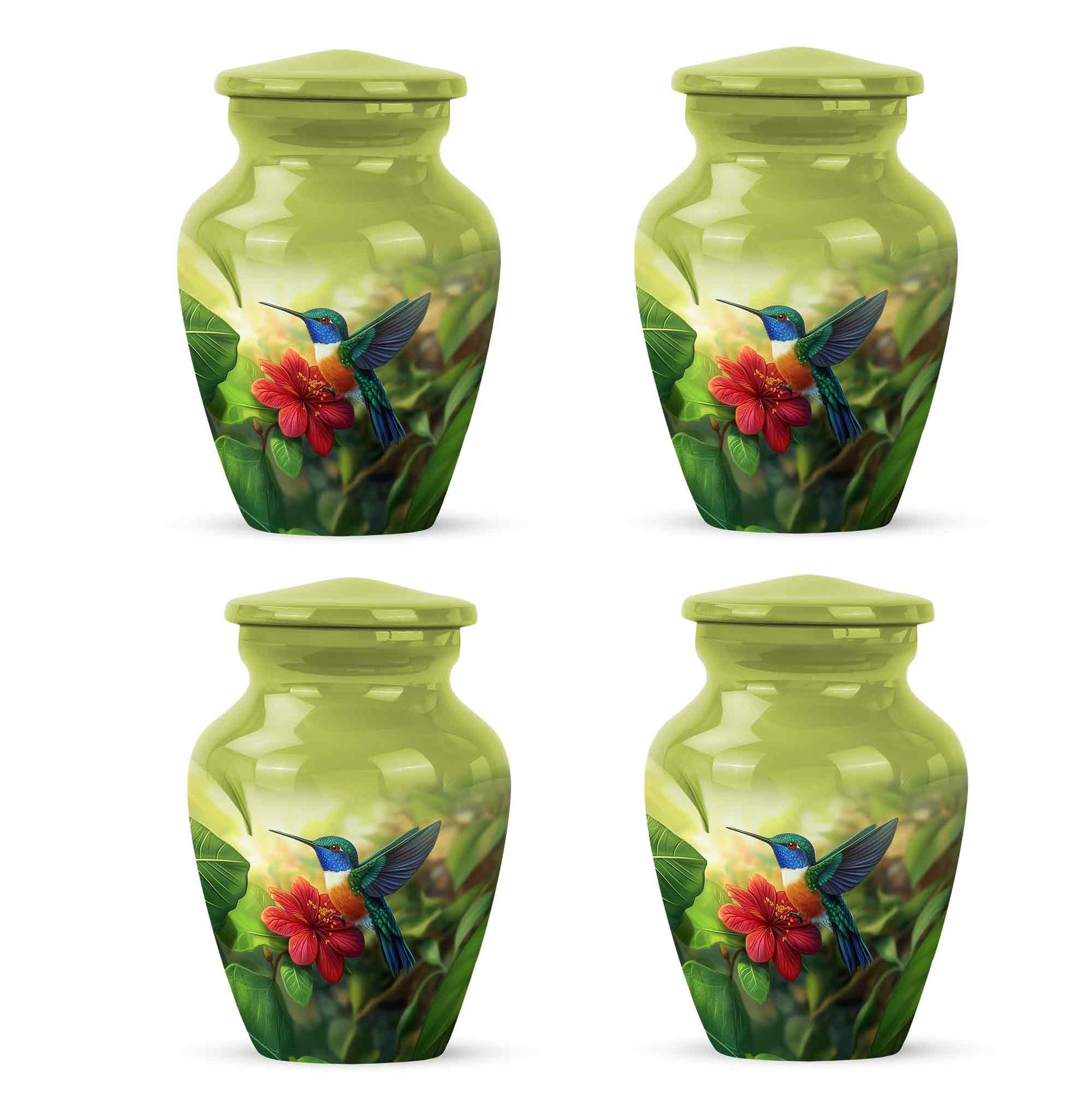 Buttercup Yellow Hummingbird Cremation Urn side profile showing urn shape - classic sculpted hummingbird pattern on smooth aluminum - 10 inch aluminum urn for cremated remains