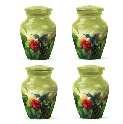 Buttercup Yellow Hummingbird Cremation Urn side profile showing urn shape - classic sculpted hummingbird pattern on smooth aluminum - 10 inch aluminum urn for cremated remains