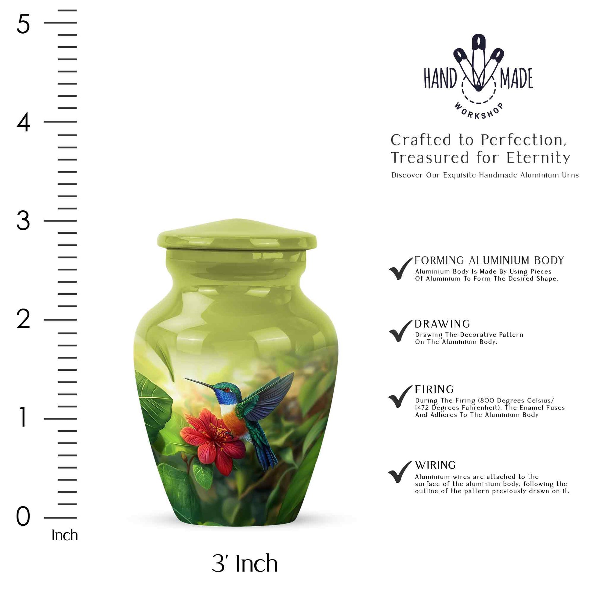 Warm Yellow Hummingbird Cremation Urn close-up of engraving and surface detail - classic sculpted hummingbird pattern on smooth aluminum - mini keepsake memorial for portion of cremation ashes