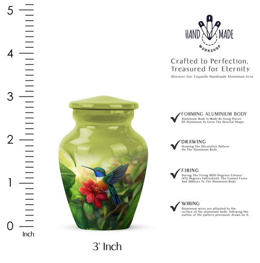 Warm Yellow Hummingbird Cremation Urn close-up of engraving and surface detail - classic sculpted hummingbird pattern on smooth aluminum - mini keepsake memorial for portion of cremation ashes