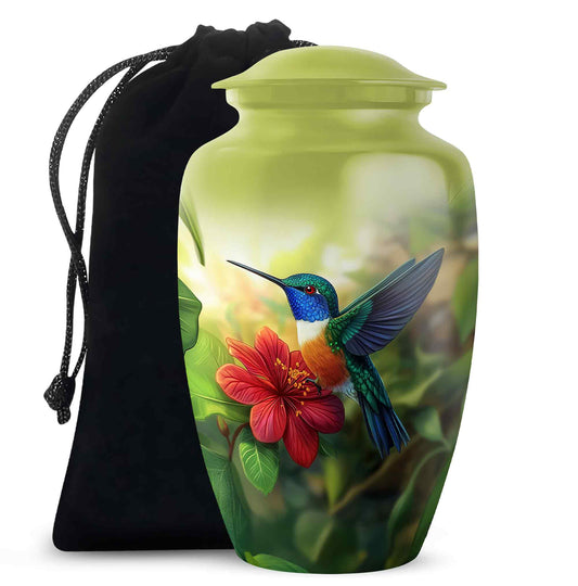 Soft Yellow Hummingbird Cremation Urn angled view of lid and engraved motif - traditional hummingbird engraving with hand-polished finish - full-size 10 inch 200 cubic inch adult cremation urn