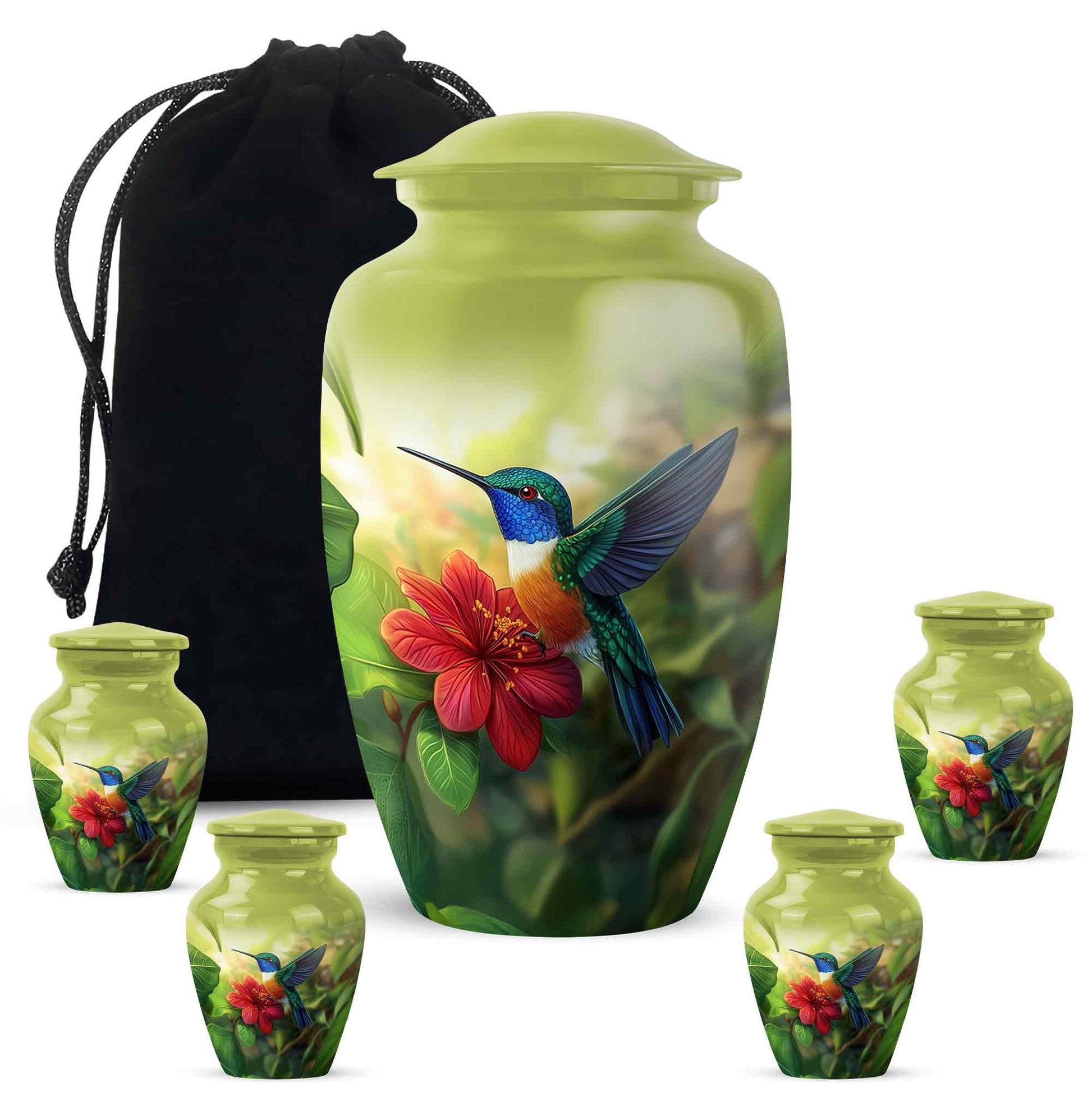 Soft Yellow Hummingbird Cremation Urn top-down view of secure threaded lid - traditional hummingbird engraving with hand-polished finish - memorial set with one large and four small urns