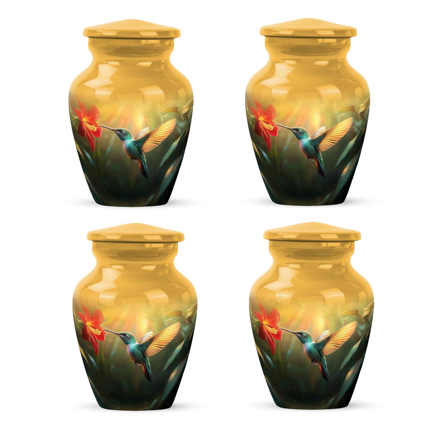 Matte Gold Hummingbird Cremation Urn side profile showing urn shape - elegant classic hummingbird relief with fine detailing - 10 inch aluminum urn for cremated remains