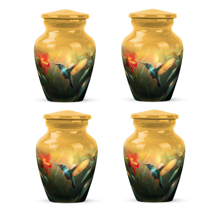 Matte Gold Hummingbird Cremation Urn side profile showing urn shape - elegant classic hummingbird relief with fine detailing - 10 inch aluminum urn for cremated remains