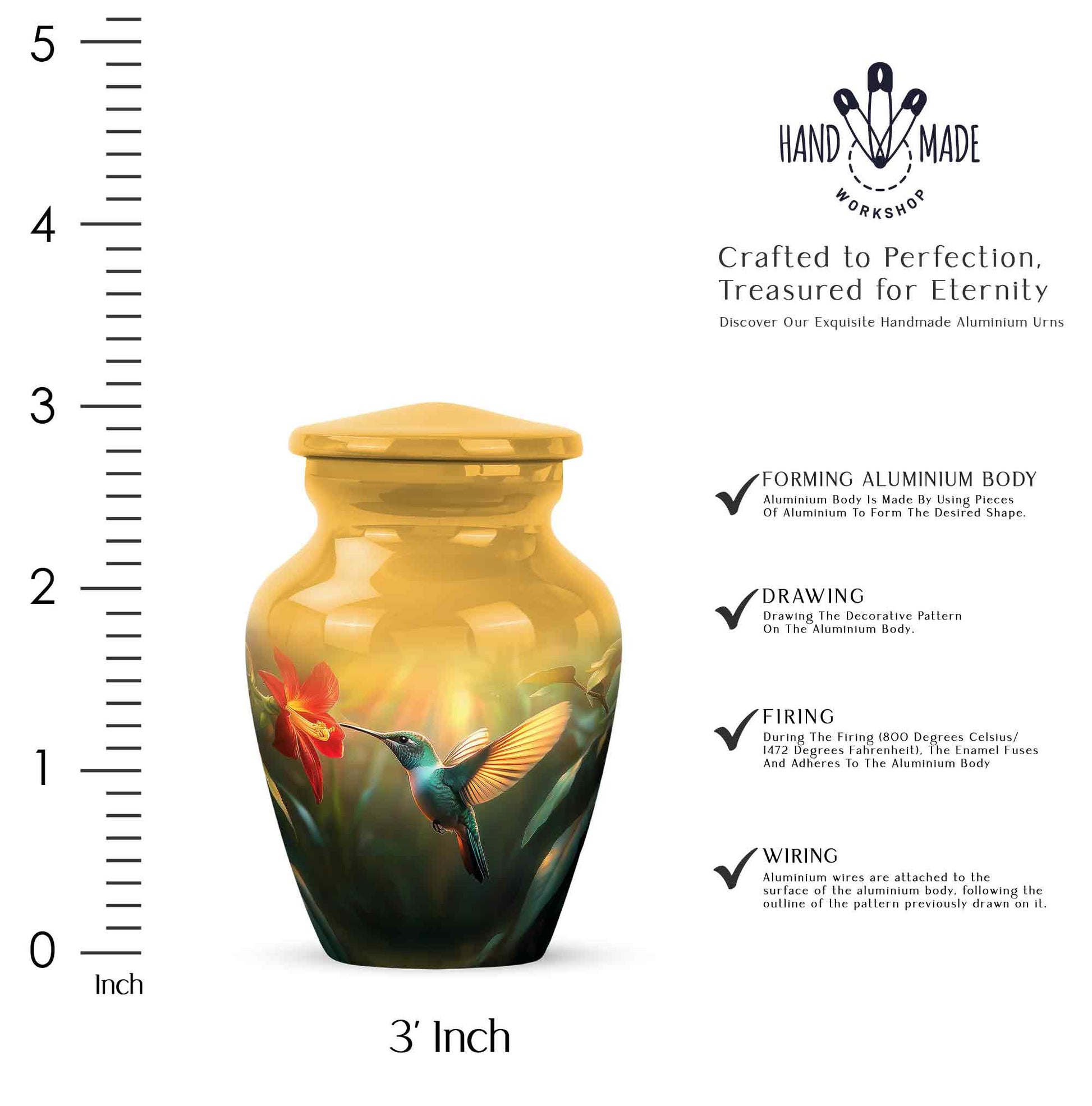 Warm Gold Hummingbird Cremation Urn close-up of engraving and surface detail - traditional hummingbird engraving with hand-polished finish - mini keepsake memorial for portion of cremation ashes