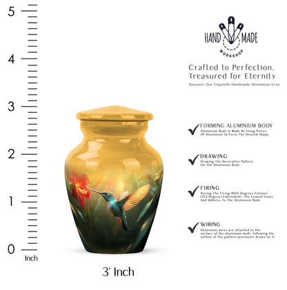 Warm Gold Hummingbird Cremation Urn close-up of engraving and surface detail - traditional hummingbird engraving with hand-polished finish - mini keepsake memorial for portion of cremation ashes