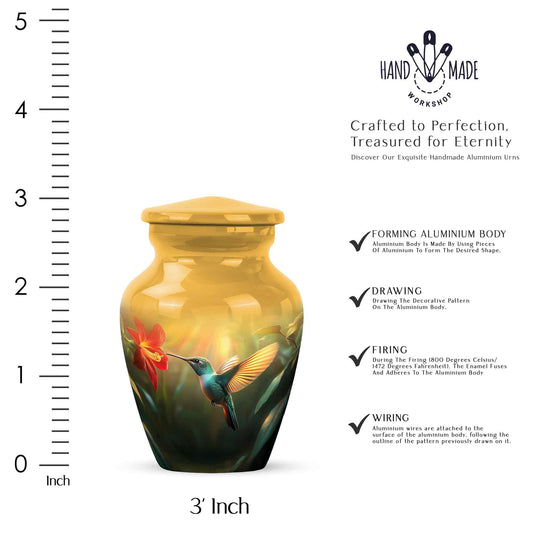Warm Gold Hummingbird Cremation Urn close-up of engraving and surface detail - traditional hummingbird engraving with hand-polished finish - mini keepsake memorial for portion of cremation ashes