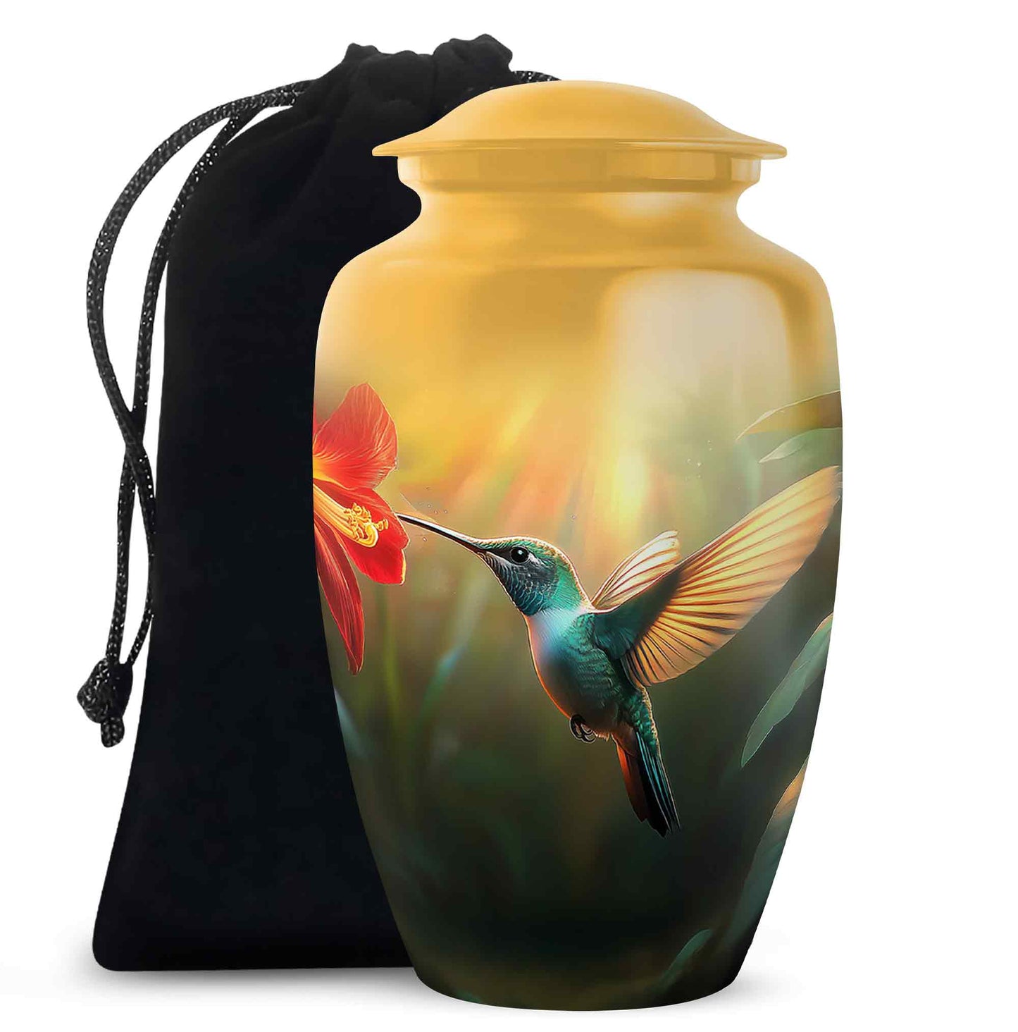 Harvest Gold Hummingbird Cremation Urn angled view of lid and engraved motif - traditional hummingbird engraving with hand-polished finish - full-size 10 inch 200 cubic inch adult cremation urn
