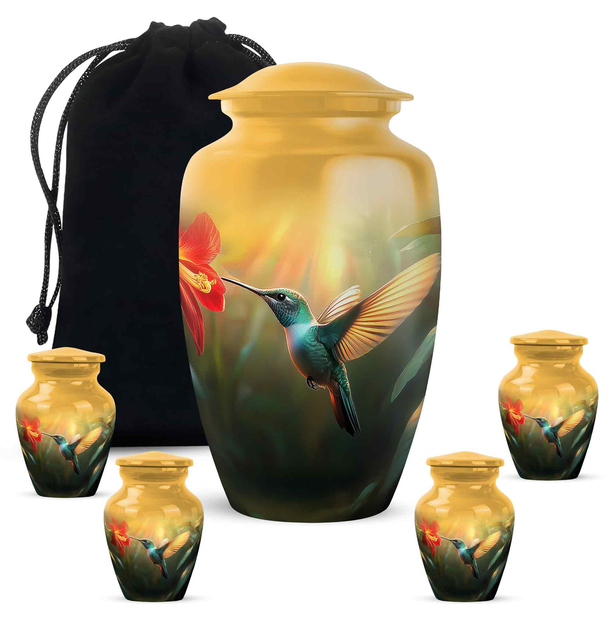 Burnished Gold Hummingbird Cremation Urn top-down view of secure threaded lid - elegant classic hummingbird relief with fine detailing - memorial set with one large and four small urns