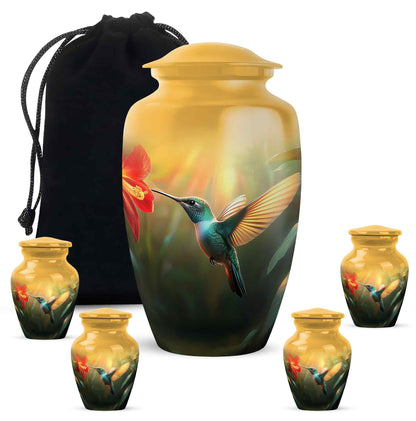 Burnished Gold Hummingbird Cremation Urn top-down view of secure threaded lid - elegant classic hummingbird relief with fine detailing - memorial set with one large and four small urns
