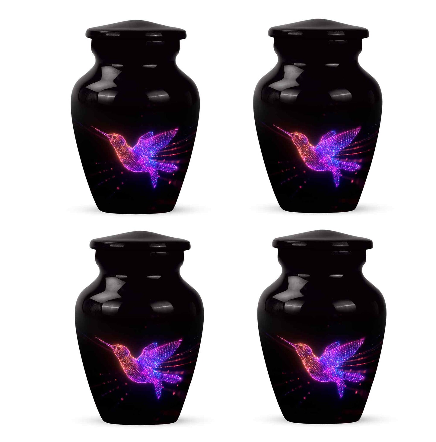 Onyx Black Hummingbird Cremation Urn side profile showing urn shape - traditional hummingbird engraving with hand-polished finish - 10 inch aluminum urn for cremated remains