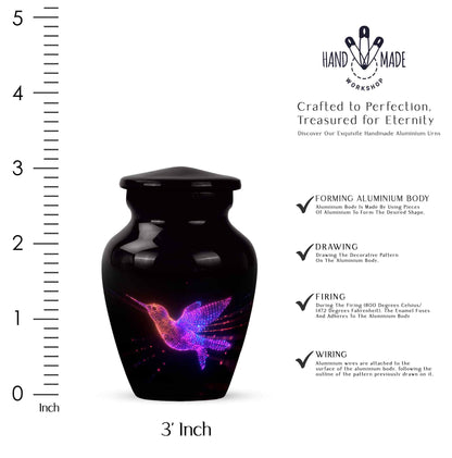 Midnight Black Hummingbird Cremation Urn close-up of engraving and surface detail - elegant classic hummingbird relief with fine detailing - mini keepsake memorial for portion of cremation ashes