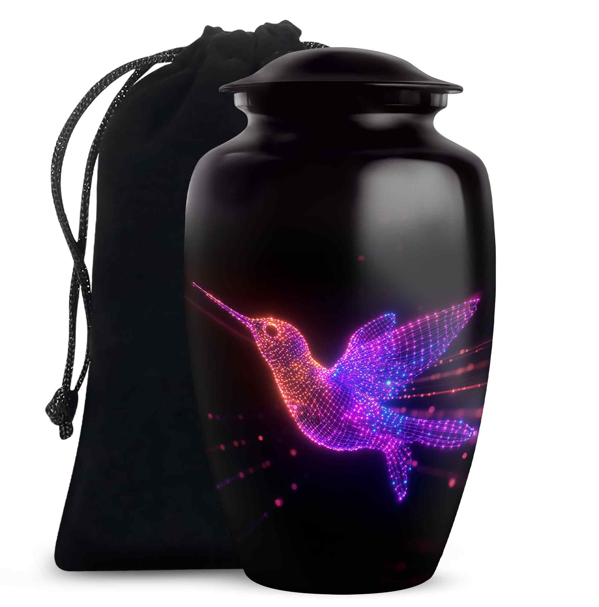Onyx Black Hummingbird Cremation Urn angled view of lid and engraved motif - traditional hummingbird engraving with hand-polished finish - full-size 10 inch 200 cubic inch adult cremation urn
