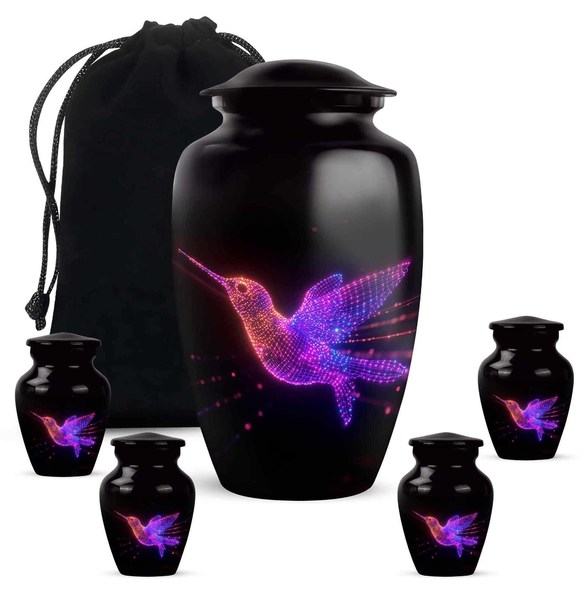 Jet Black Hummingbird Cremation Urn top-down view of secure threaded lid - timeless hummingbird motif etched into premium metal - memorial set with one large and four small urns