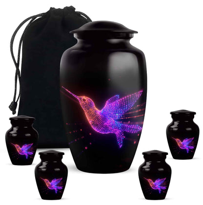 Jet Black Hummingbird Cremation Urn top-down view of secure threaded lid - timeless hummingbird motif etched into premium metal - memorial set with one large and four small urns