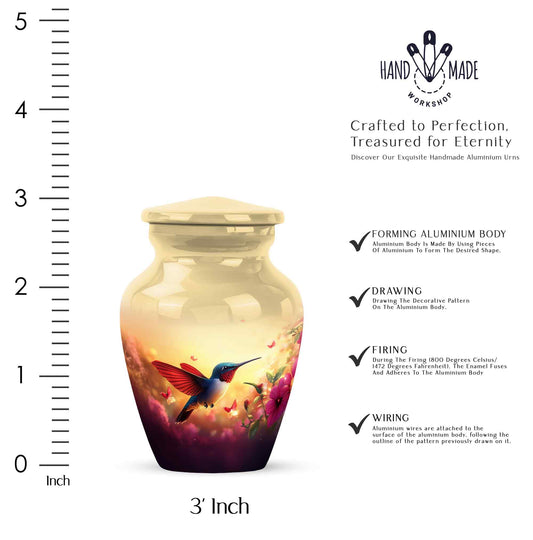 Amber Gold Hummingbird Cremation Urn close-up of engraving and surface detail - classic sculpted hummingbird pattern on smooth aluminum - mini keepsake memorial for portion of cremation ashes