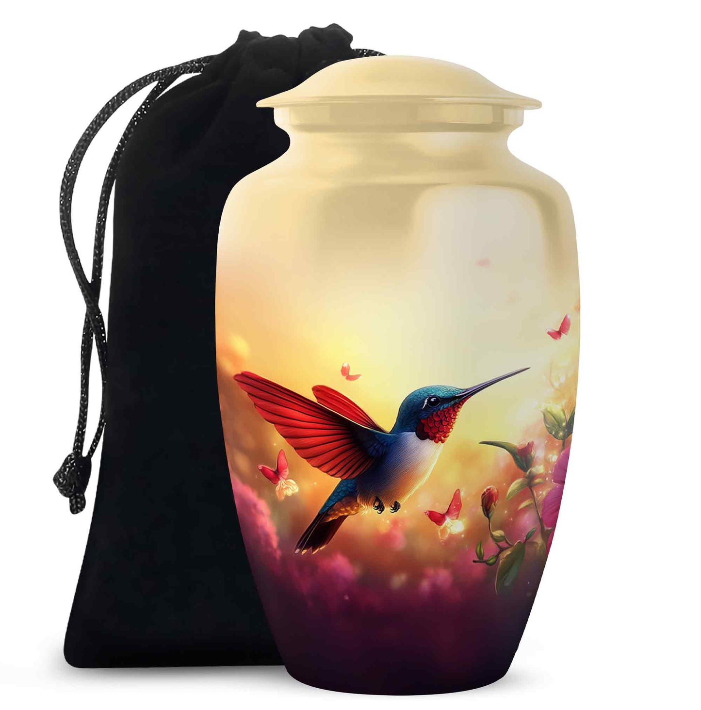 Gilded Gold Hummingbird Cremation Urn angled view of lid and engraved motif - classic sculpted hummingbird pattern on smooth aluminum - full-size 10 inch 200 cubic inch adult cremation urn